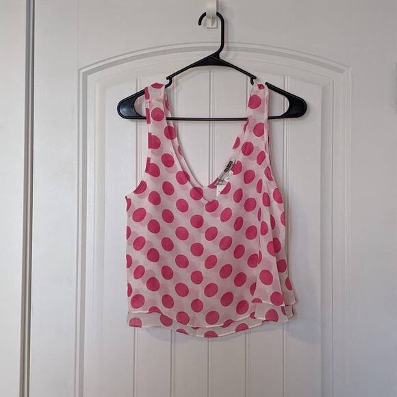 Necessary Objects Polka Dot Cropped Top White Pink Medium Flowy Sleeveless Layer - Picture 2 of 6